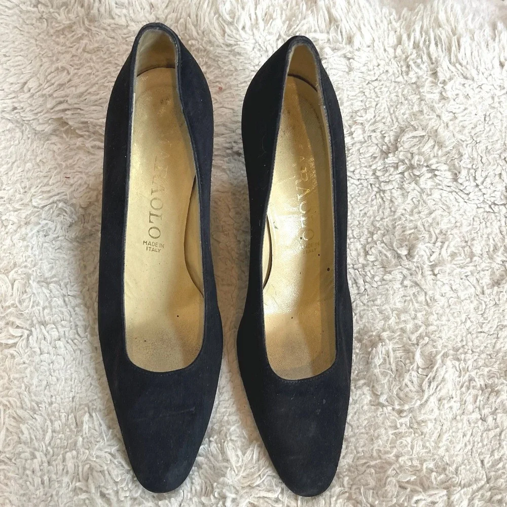 Paolo Black Suede Pumps Made in Italy Almond Toe Kitten Heel Womens Size 8.5 M